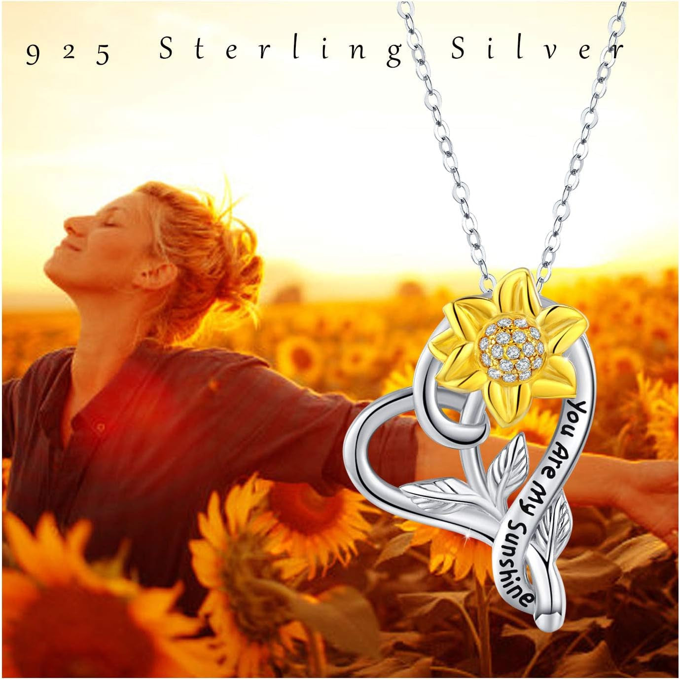 Sunflower Heart Necklace for Women S925 Sterling Silver You Are My Sunshine Pendant Necklaces Sunflower with CZ Pendant Necklace Anniversary Jewelry for Wife Girlfriend