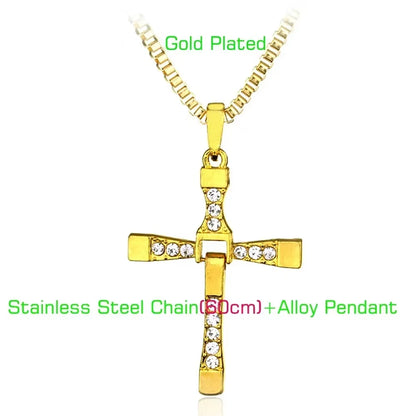 2024 Hot Sale AAAA Cubic Zircon Plated 14K Gold 50Cm Length Men Women Cross Necklace Crown Rotatable Hang Jewelry Drop Shipping