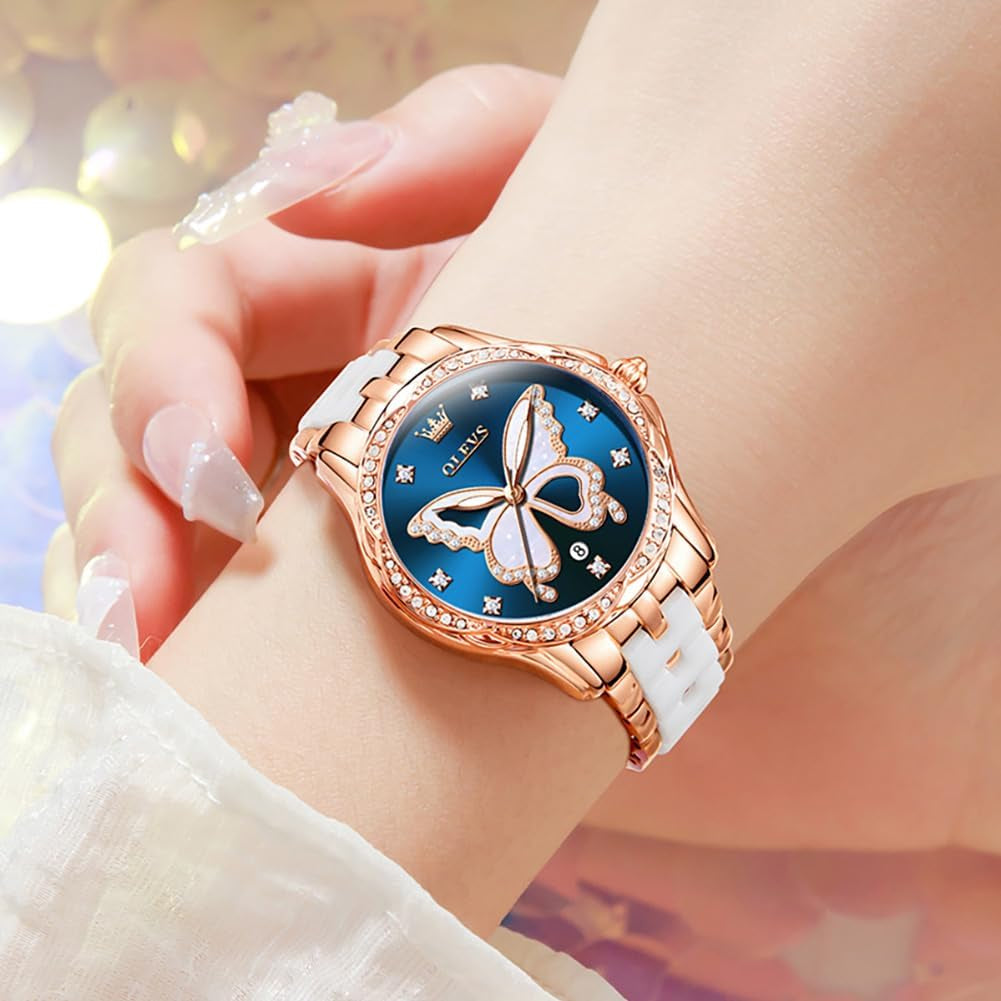 Watches for Women Rose Gold Two Tone Fashion White Ceramic Ladies Wrist Watches Pink/Red Dial Stainless Steel Waterproof Date