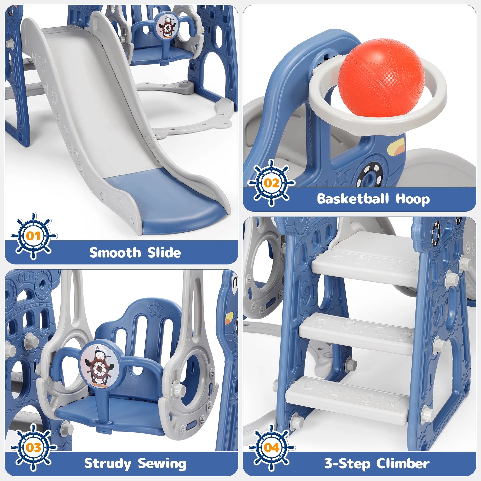 4 in 1 Toddler Swing and Slide Unisex Child & Teen Swing Sets, Blue, 110 Lb