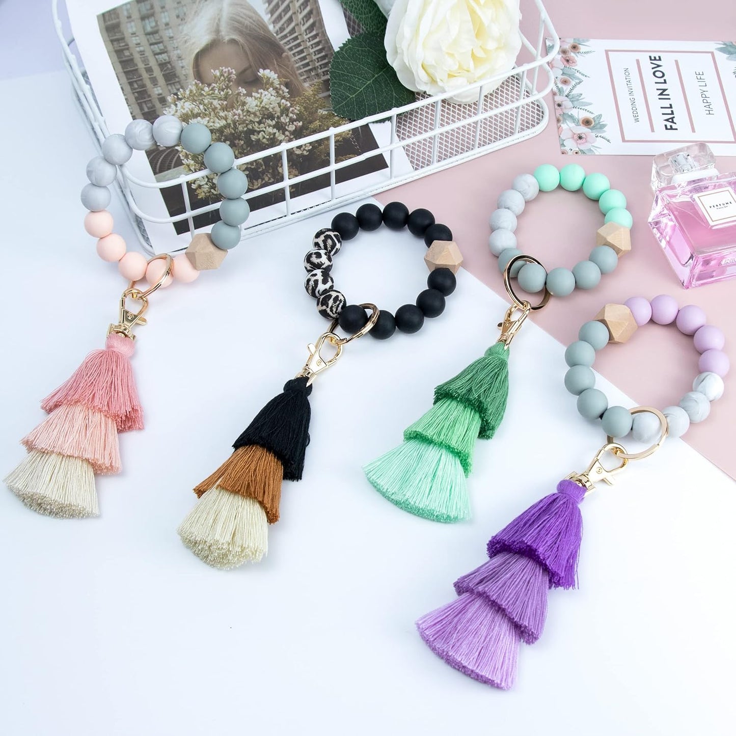 Beaded Keychain with Tassel, Silicone Key Ring Bracelet, Cute Boho Car Key Chain Wristlet for Women