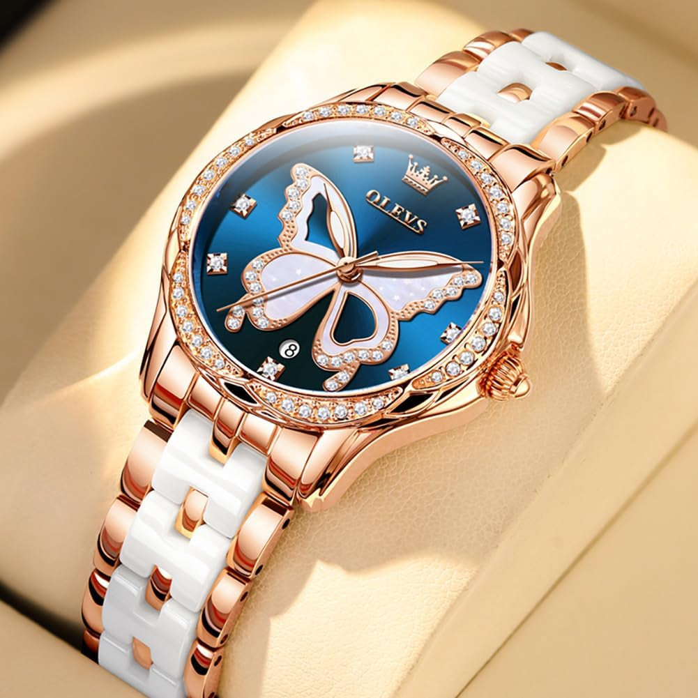 Watches for Women Rose Gold Two Tone Fashion White Ceramic Ladies Wrist Watches Pink/Red Dial Stainless Steel Waterproof Date