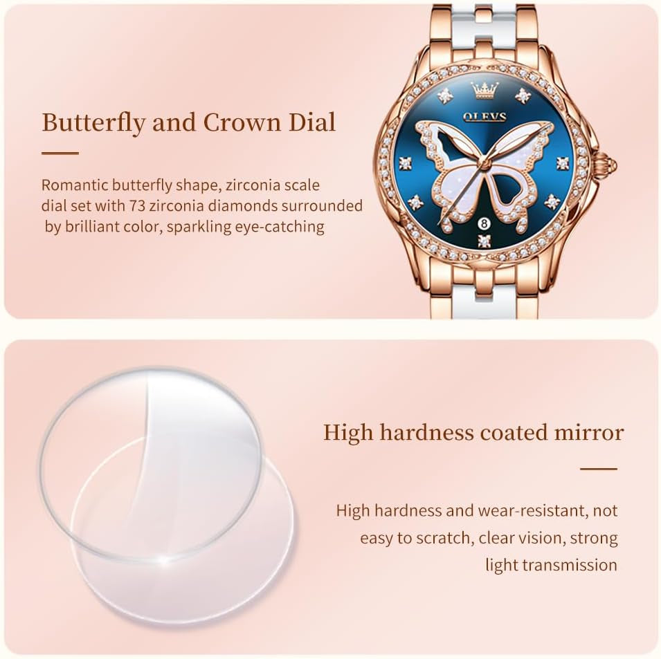 Watches for Women Rose Gold Two Tone Fashion White Ceramic Ladies Wrist Watches Pink/Red Dial Stainless Steel Waterproof Date