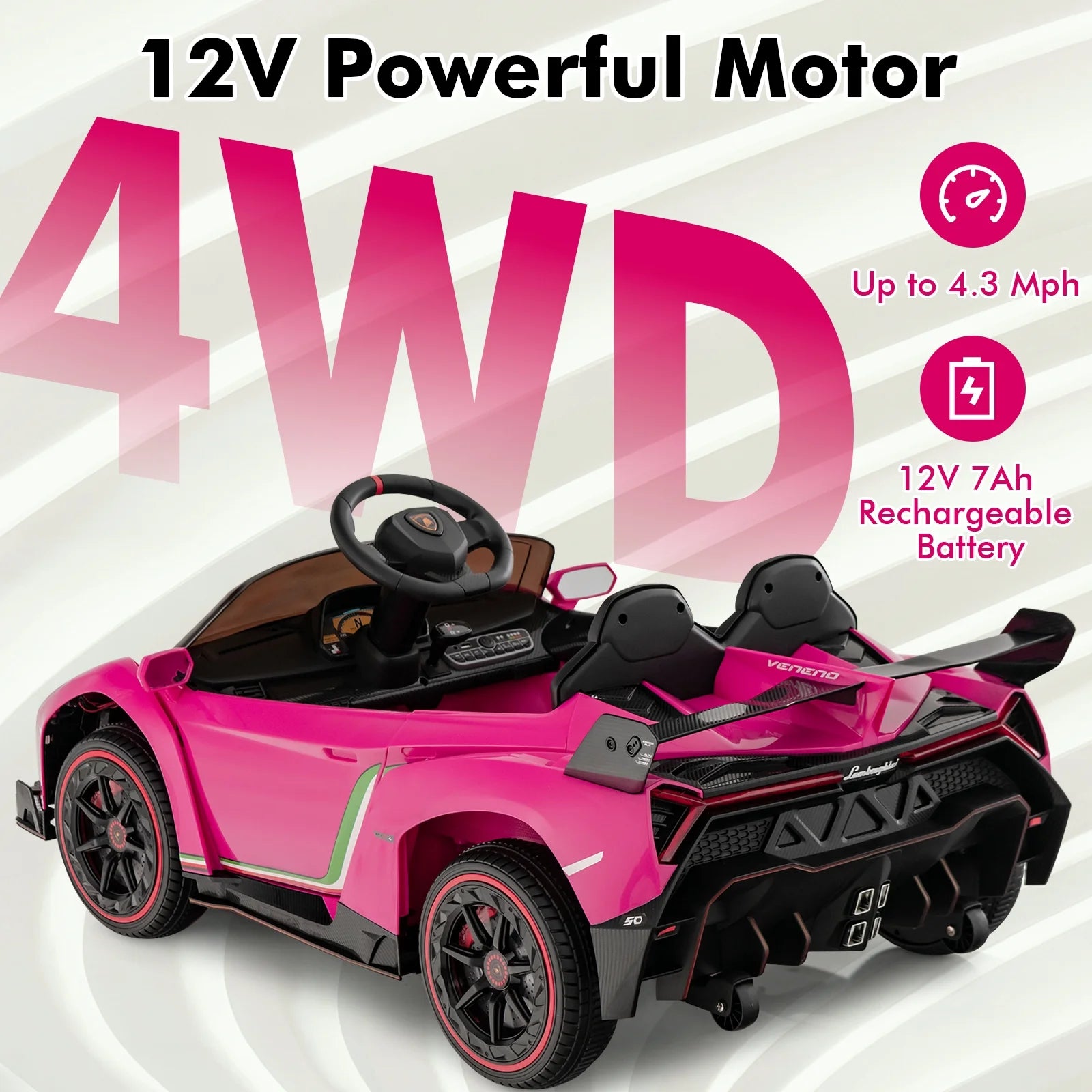 2 Seater Kids Ride on Car, 12V 4WD Licensed Lamborghini Veneno Powered Electric Vehicle with Hydraulic Doors, Rocking Mode, Adjustable Speeds, Remote Control, MP3, Headlight