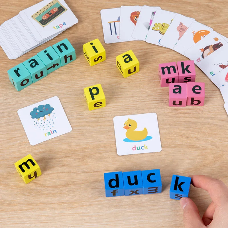 Wooden Word Spelling Game,Alphabet Learning Toy for Preschool Boys and Girls,Letters Reading Building Blocks with 40 Cards