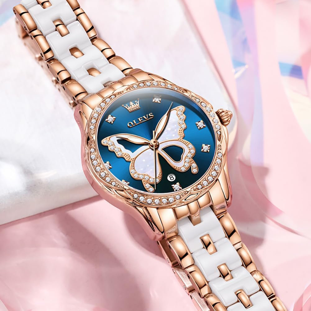 Watches for Women Rose Gold Two Tone Fashion White Ceramic Ladies Wrist Watches Pink/Red Dial Stainless Steel Waterproof Date