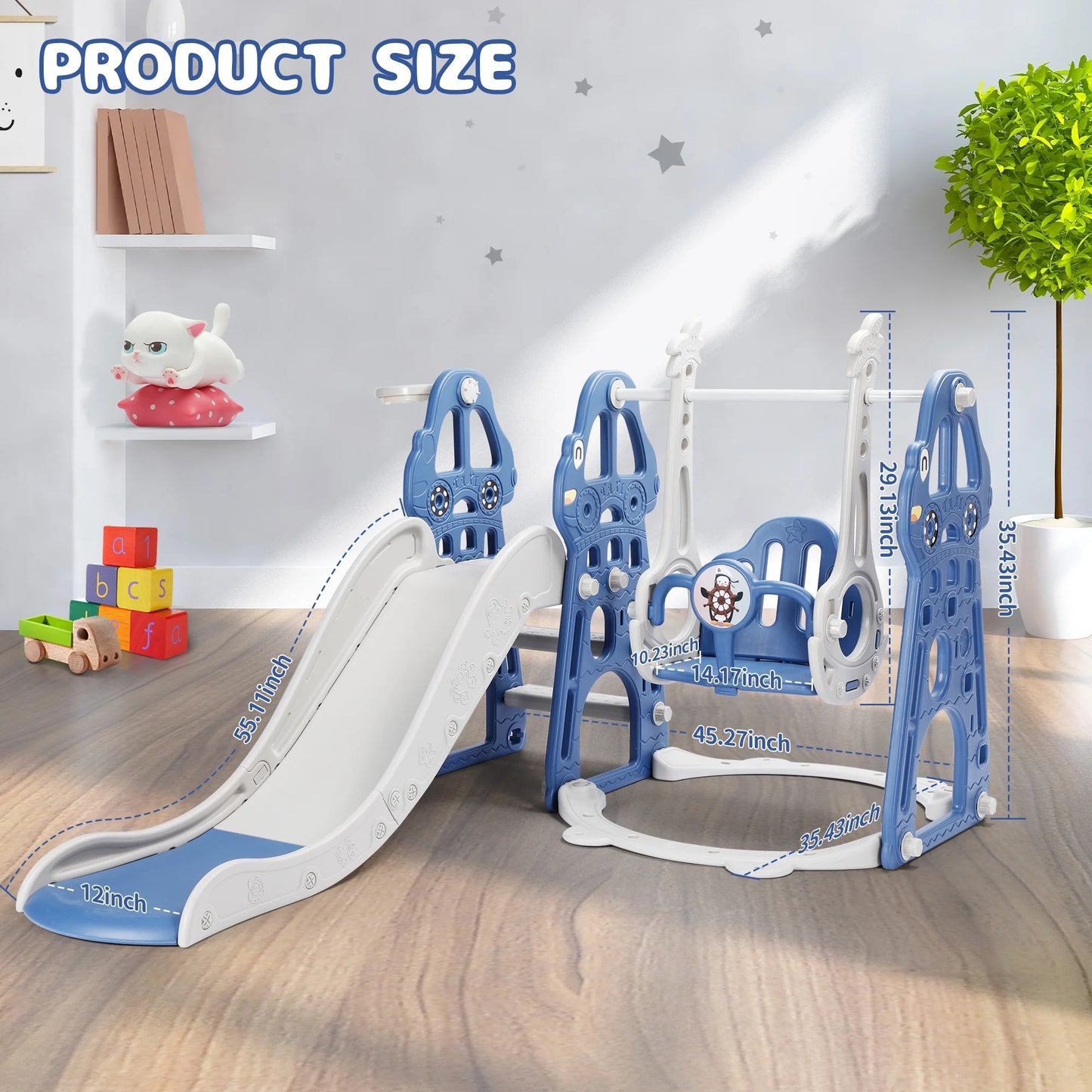 4 in 1 Toddler Swing and Slide Unisex Child & Teen Swing Sets, Blue, 110 Lb