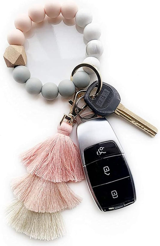 Beaded Keychain with Tassel, Silicone Key Ring Bracelet, Cute Boho Car Key Chain Wristlet for Women