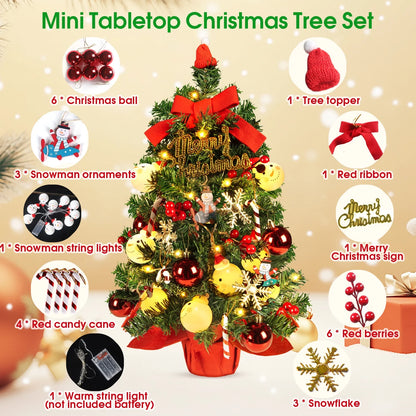 24Inch Tabletop Christmas Tree with Led Hanging Lights Desktop Mini Xmas Tree Decoration, Red