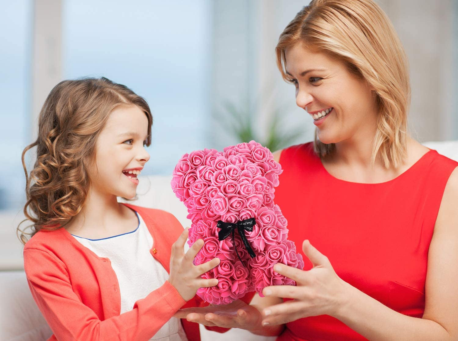 Rose Bear - Rose Teddy Bear Gifts for Valentines Day Anniversary Mothers Day for Her, 10 Inches Flower Bear Gifts for Women Mom Girlfriend, Clear Gift Box Included - over 200+ Flowers (Pink)