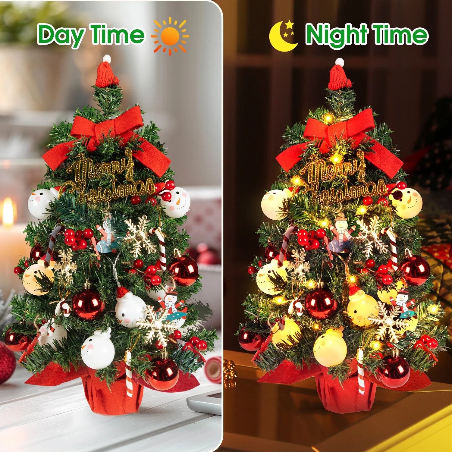 24Inch Tabletop Christmas Tree with Led Hanging Lights Desktop Mini Xmas Tree Decoration, Red