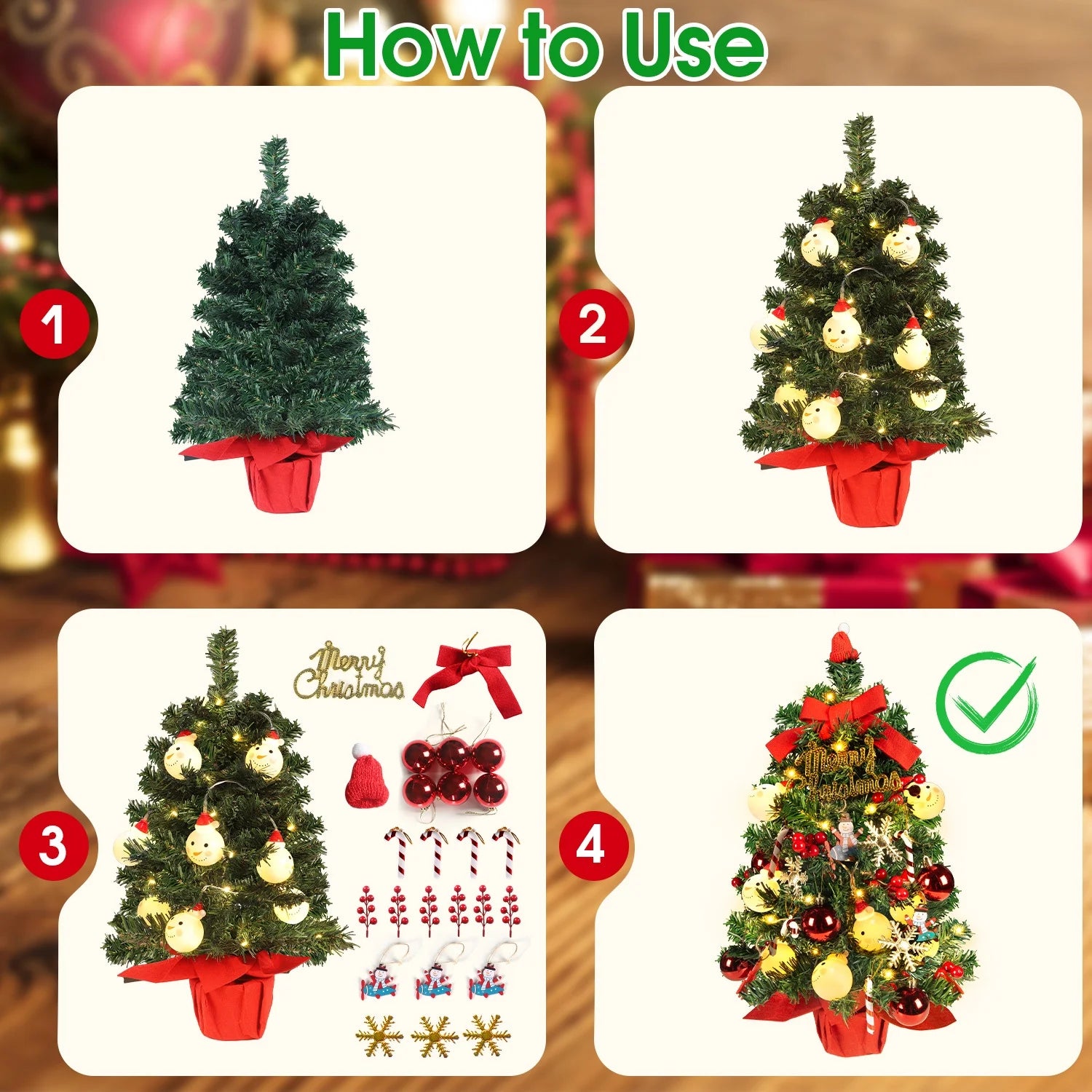 24Inch Tabletop Christmas Tree with Led Hanging Lights Desktop Mini Xmas Tree Decoration, Red