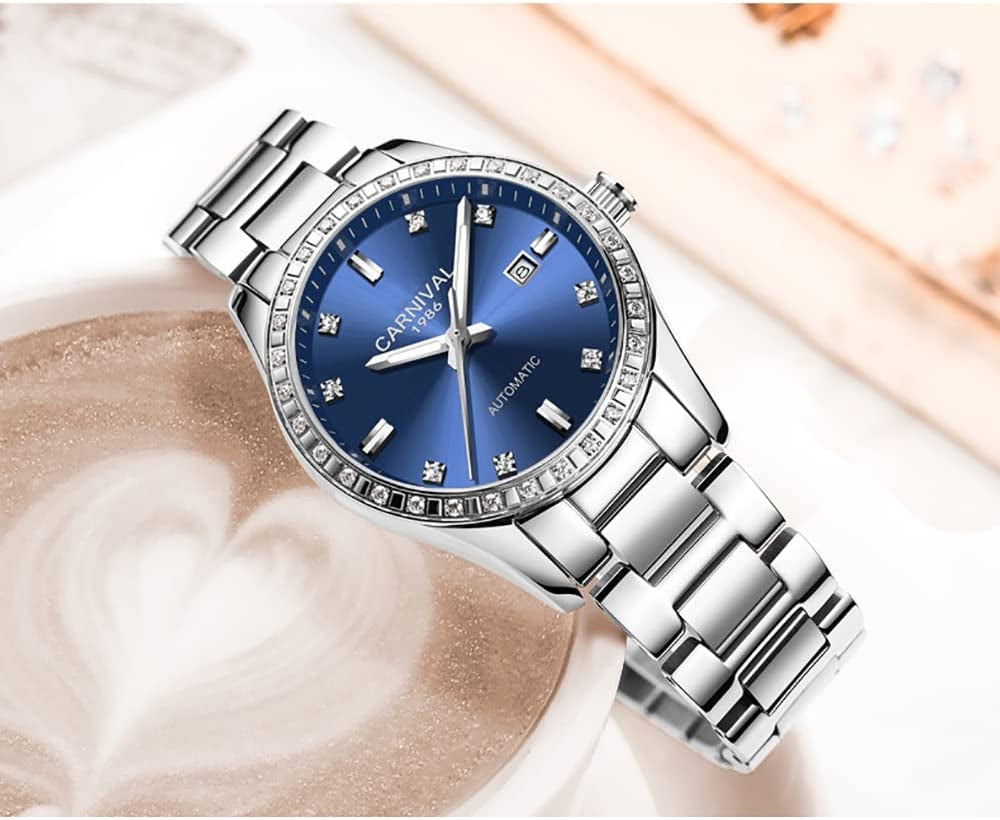 Women'S Diamond Automatic Mechanical Rose Gold Stainless Steel Sapphire Waterproof Lady'S Elegant Blue Watch