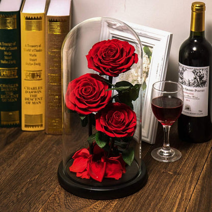 Preserved Real Rose Handmade Eternal Rose in Glass Doom Gift for Her Valentine'S Day Mother'S Day Anniversary Birthday (Large, 3 Red Roses)