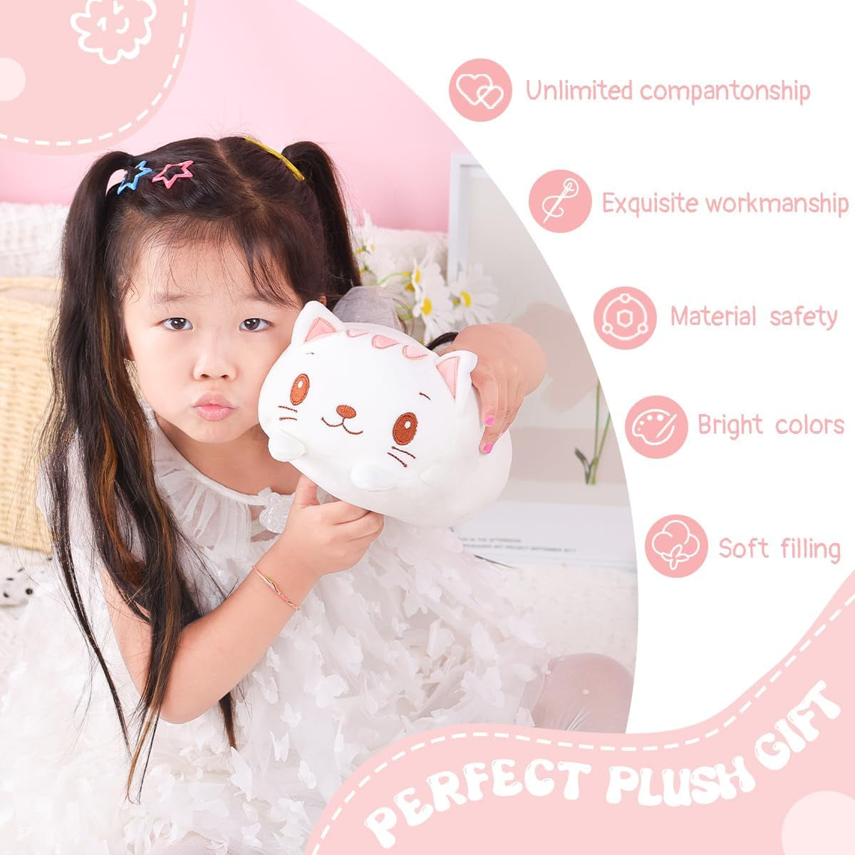 23.6 Inch Cute White Cat Plush Stuffed Animal Cylindrical Body Pillow,Super Soft Cartoon Hugging Toy Gifts for Bedding, Kids Sleeping Kawaii Pillow