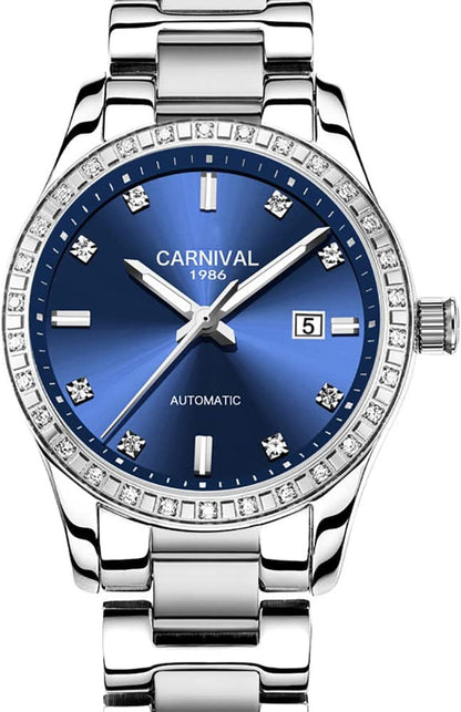 Women'S Diamond Automatic Mechanical Rose Gold Stainless Steel Sapphire Waterproof Lady'S Elegant Blue Watch